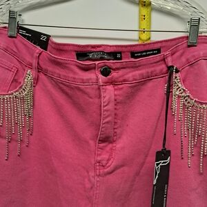 Lucky & Blessed Pink Wide Leg Crop Jeans - Rhinestone Fringe - Size 22